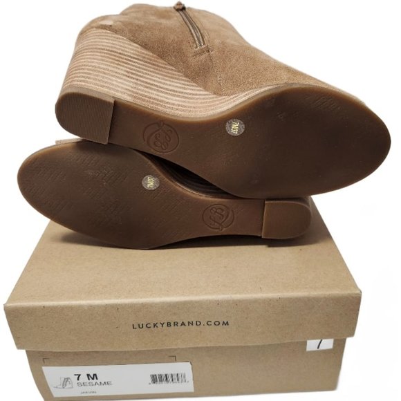 Lucky Brand Ankle  Booties Jaevin Sesam Suede Peep Toe Wedge Side Zip Size 7 - Picture 7 of 9